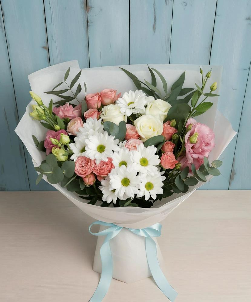 Букет цветов из: Розы, Лизиантусы и Хризантемы в Приютном