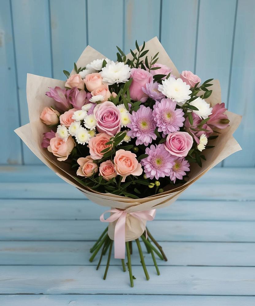 Букет цветов из: Хризантемы, Розы и Альстромерии в Приютном