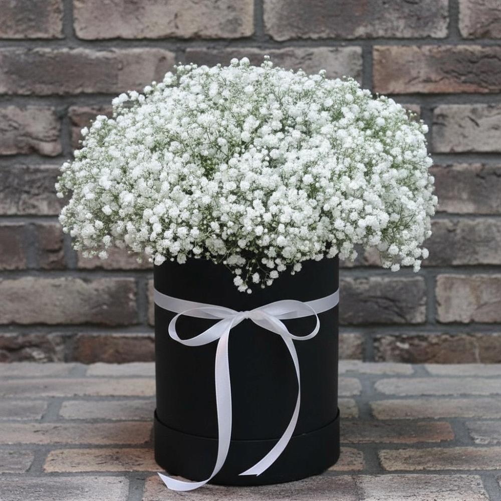 Цветочная композиция из Гипсофила в шляпной коробке в Приютном