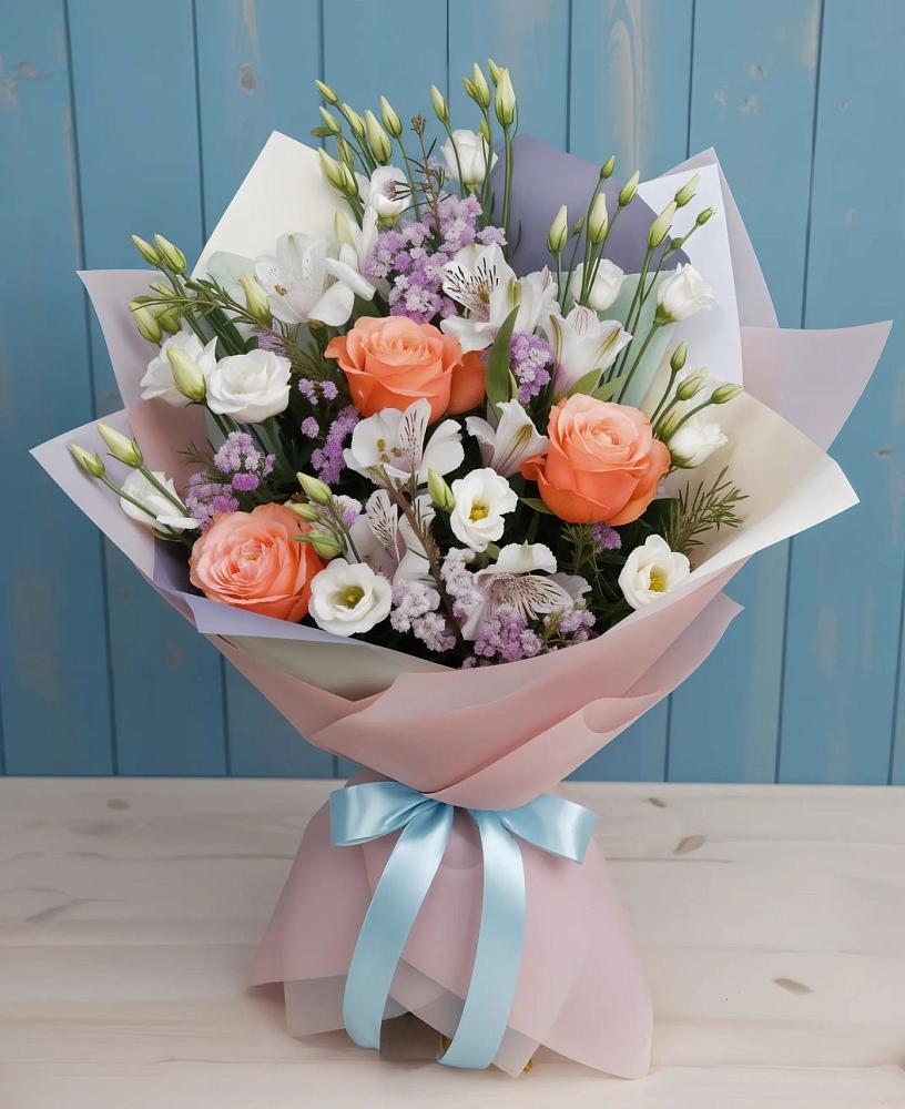 Букет цветов из: Лизиантусы, Розы, Альстромерии и Гипсофила в Приютном