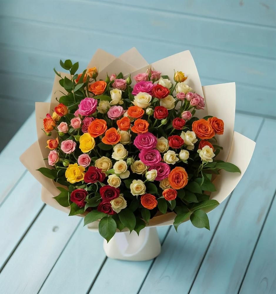 Букет Микс из разноцветных кустовых роз в Приютном
