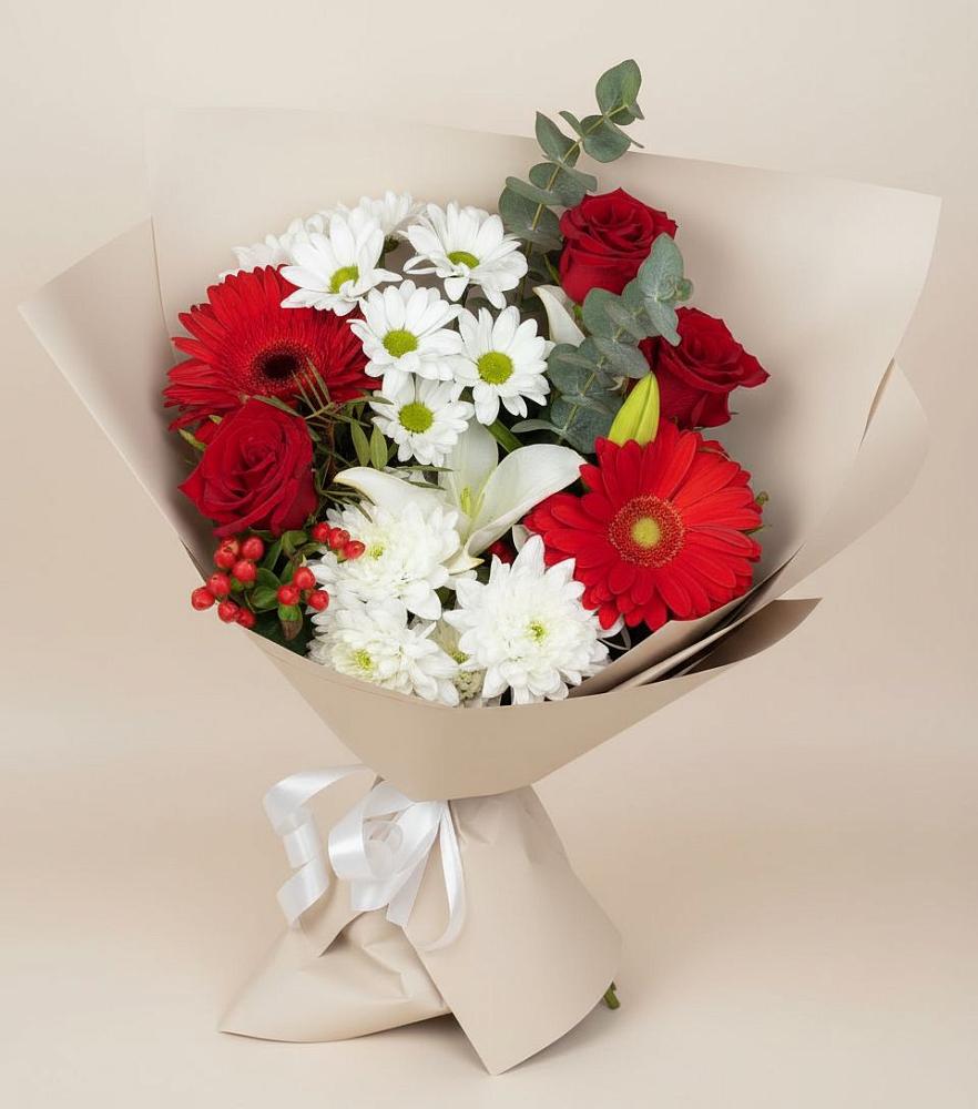 Букет цветов из: Розы, Хризантемы, Герберы и Лилии в Приютном
