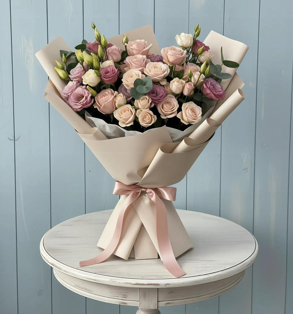 Букет цветов из: Розы и Лизиантусы в Приютном