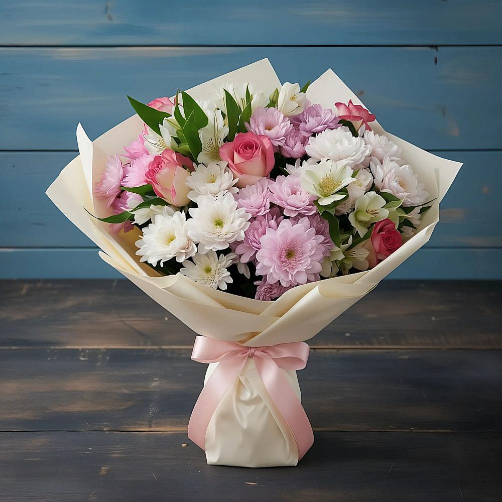 Букет цветов из: Хризантемы, Альстромерии и Розы в Приютном